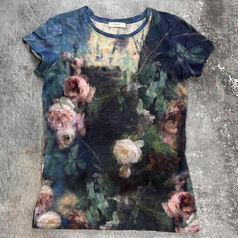 Paul Smith x Nihon Menpu Japan Blue Floral Watercolor Art T Shirt. Small